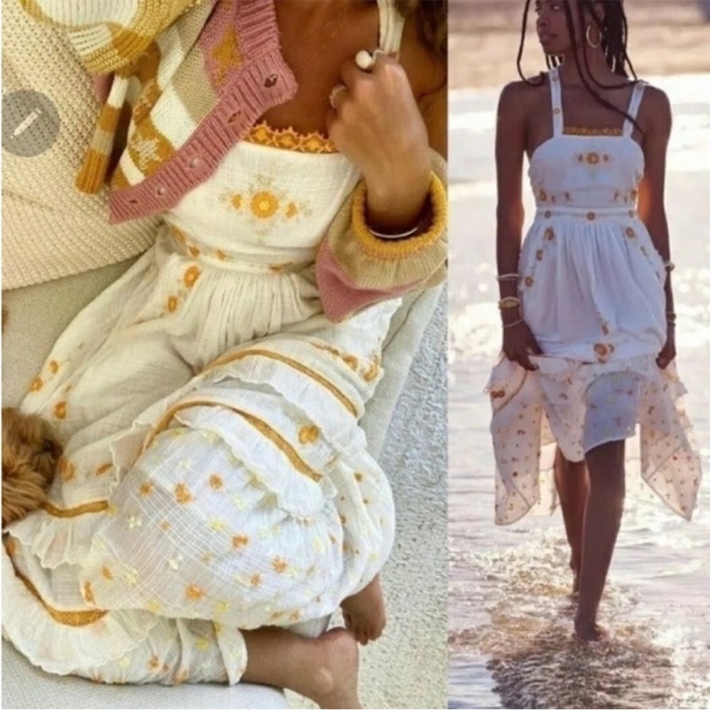 LoveShackFancy White Midi Dress with Yellow Embroidery